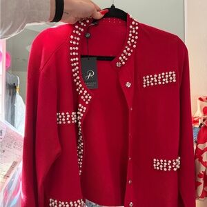 Adrianna Papell Haute Red Cardigan with Pearl Details